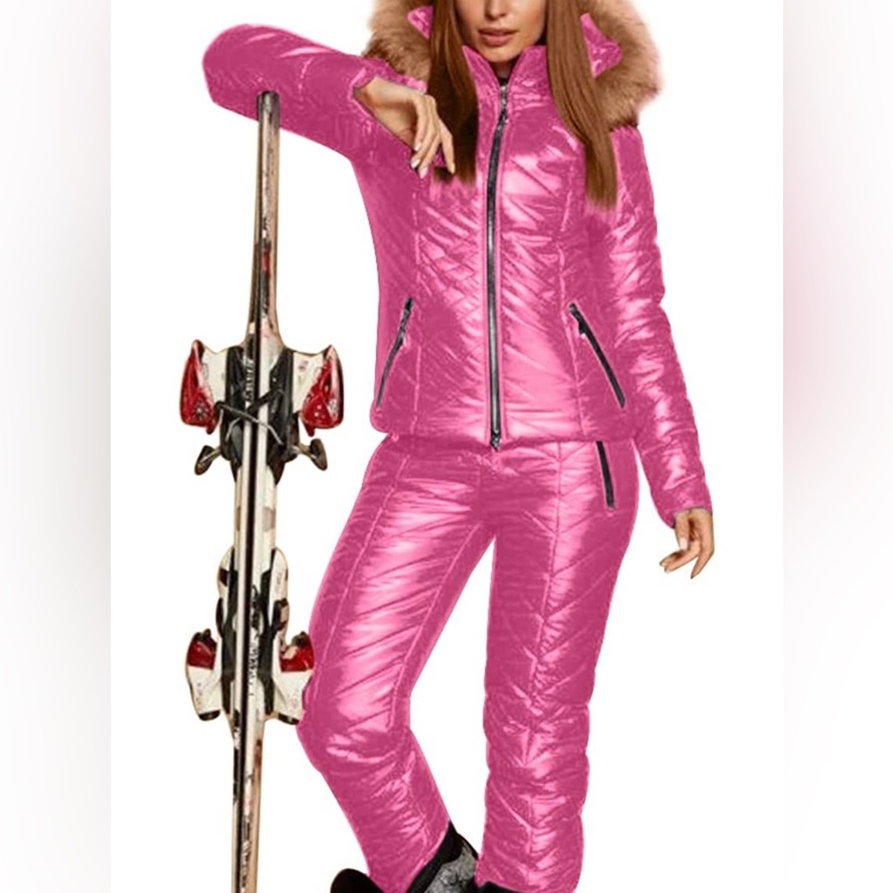 Pink ski suit! With detachable fur and detachable hoodie!